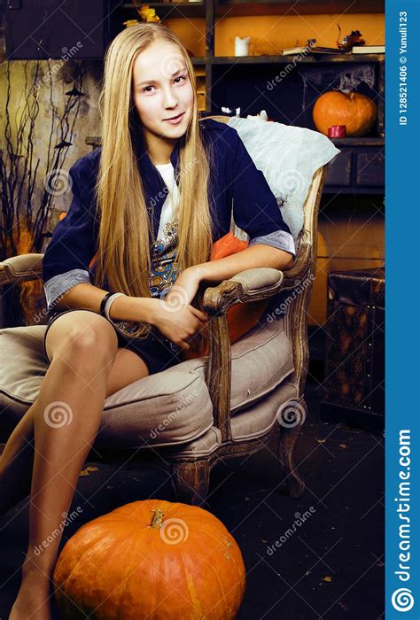 Young Pretty Teenage Girl In Halloween Holiday Decorated Interio Stock Photo - Image of cool ...
