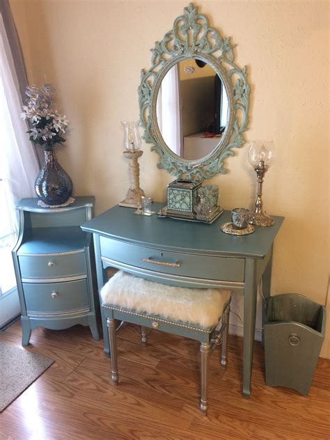 Metalic blue desk/vanity | Vanity chair, Blue desk, Vanity