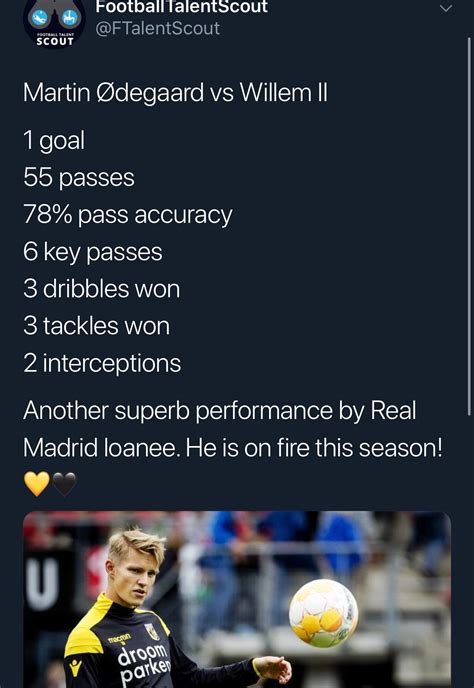 Buts, vidéos, historique de transfert, matchs, notes du joueur et plus d'informations disponibles sur le profil. Martín Ødegaard vs Willem II MOTM stats 🤩 : realmadrid