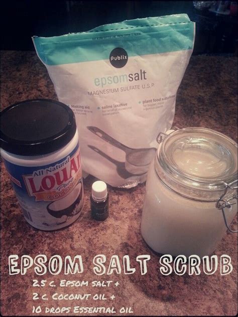 In a bowl combine a half a cup plus 2 tablespoons of epsom salt, or coarse salt crystals, with 4 tablespoons of olive oil. EPSOM SALT SCRUB: Just mix 2.5 cups Epsom salt, 2 cups ...