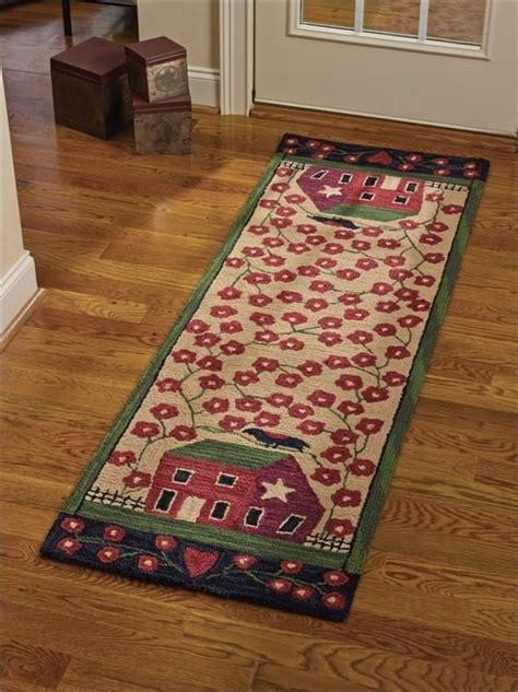 When thinking of the perfect rug for your home, first thanks to the hints of red, there is a subtle depth to this design that adds to its interest. Red House Hooked Rug Runner 24 x 72 | Primitive decorating ...