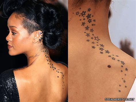 She simply loves the feel of going under the. Rihanna Star Neck, Upper Back Tattoo | Steal Her Style