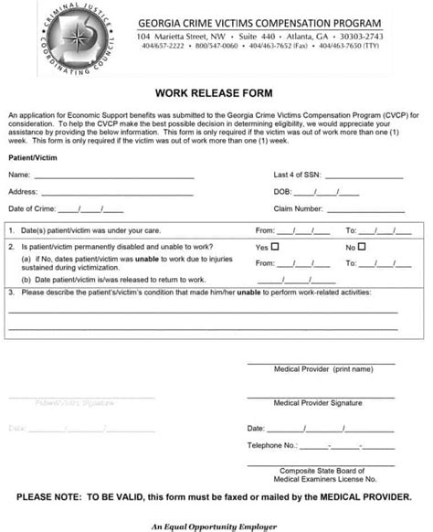 44 Return to Work & Work Release Forms - Printable Templates
