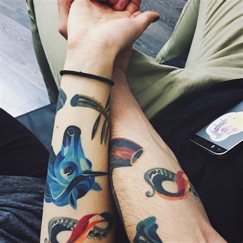 Find and save ideas about matching couples on pinterest. Matching colorful tattoos for a couple | Cute girl tattoos ...