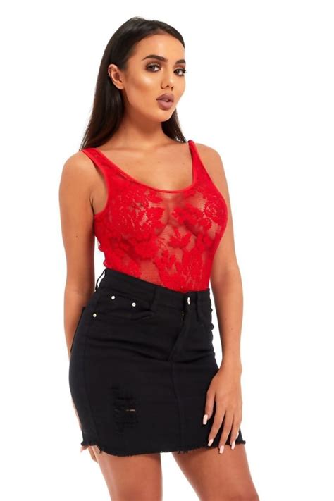Wholesale Red Floral Lace Scoop Neck Bodysuit