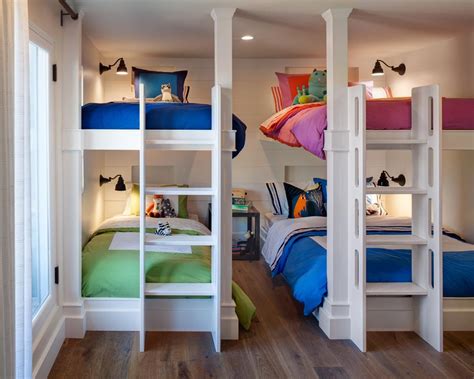 In a child's bedroom, the bunk beds sport throws from pottery barn kids and cactus pillows from the land of nod, the walls are painted in benjamin moore's fairy. Neutral Kids' Room with Multiple Bunk Beds | HGTV ...