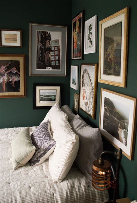 Dark green guest bedroom with eclectic, vintage gallery wall. # ...