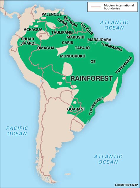 It is known for its dense canopies of vegetation that form three different layers. Rainforest Indians: location -- Kids Encyclopedia ...