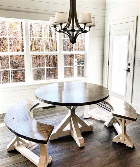 The white legs contrasting with reddish brown top and chairs gives a. Farmhouse breakfast nook table | Farmhouse dining room ...