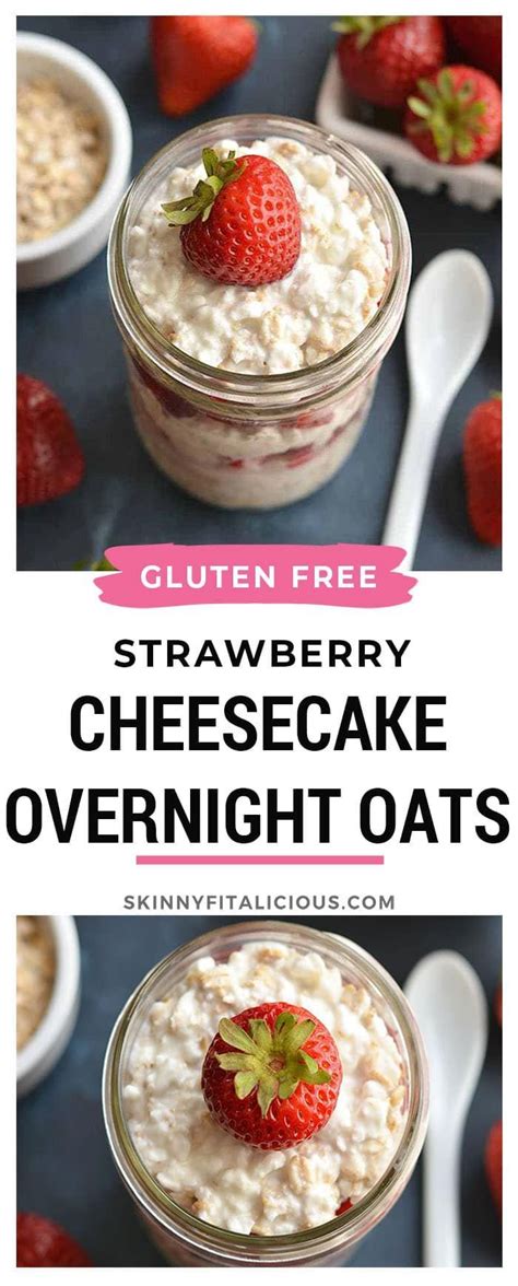 Gluten free + low calorie + vegan option. Strawberry Cheesecake Overnight Oats, an easy high protein ...