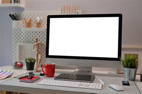 Your easier way to design. Home office interior with office supplies and computer ...