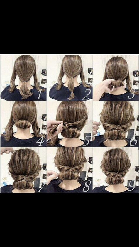 Easy colorful braided bun updo for medium hair. Easy updo for medium length hair: | Hair styles, Medium ...
