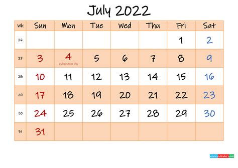 Optionally with marked federal holidays and major observances. Editable July 2022 Calendar - Template No.ink22m487 | Free ...