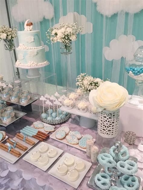 Girls' baby shower dessert tables. Shimmering Heaven Sent Baby Shower - Baby Shower Ideas 4U