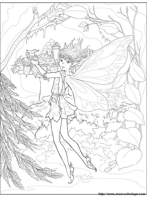 Whimsical fairy exploring the forest. Coloriage de Fée, dessin une fee dans la foret à colorier