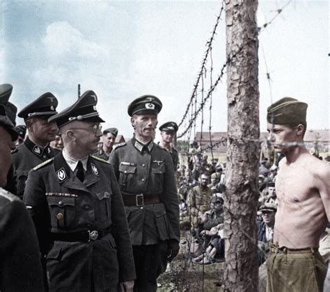 After several months the concentration camp administration presented himmler with data to show progress; Himmler looks at a Soviet prisoner during a visit to ...