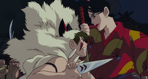 From the princess mononoke press kit. San, wielding a knife and wearing a wolf pelt, faces off ...