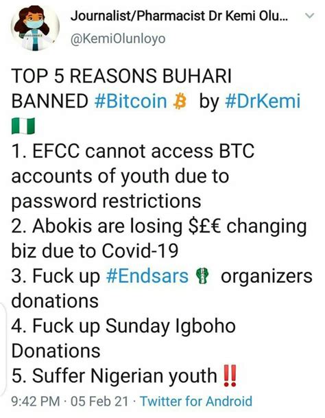 Bitcoin sells for $76k as deposits on centralized exchanges plummet according to a website that tracks the price of bitcoin across the globe, the crypto asset's selling price in nigeria as of february 18 stood at $ 76,000. Top 5 Reasons Buhari Banned Bitcoin - Dr Kemi Olunloyo ...