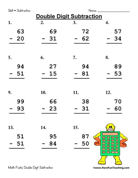 Make sure to put it directly beneath the digits we just added, to the left of the 9. Double Digit Subtraction Worksheet Pack • Have Fun Teaching