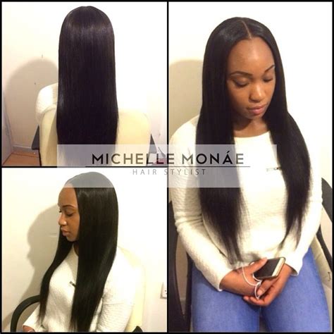 Middle part sew in straight weave leave out. Michelle-Monáe Hairstylist — Evening Dolls… Style: Middle ...
