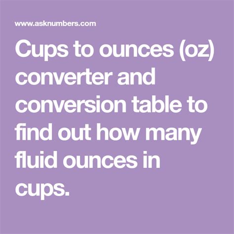 If we want to calculate how many cups are 64 ounces we have to multiply 64 by 1 and divide the product by 8. Cups to ounces (oz) converter and conversion table to find ...