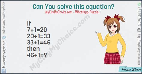 Shoes + shoes + shoes = 30 shoes + (man + whistle) + (man + whistle) = 20 (man + whistle) + 2(whistles) + 2. If 7+1=20 20+1=33 33+1=46 then 46+1=? | Puzzle Answer