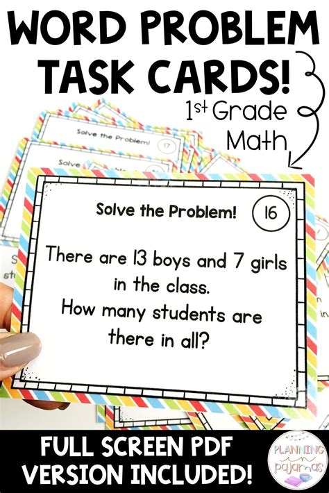 Ccss.math.content.1.oa.a.1 use addition and subtraction within 20 to solve word problems involving situations of adding to, taking from, putting together, taking apart, and comparing, with unknowns in all positions, e.g., by. Word Problem Solving Task Cards - Grade 1 Math Addition ...