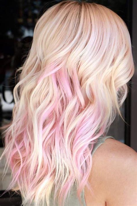 Blonde hair is given an extra dimension with pink ombre highlight that blends from a soft peach to a beautiful candyfloss hue. 40 Beautiful Blonde Balayage Looks | Pink blonde hair ...