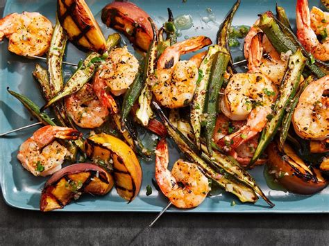 We've collected some of our favorite marinated shrimp appetizer recipes below for you to enjoy. This shrimp and okra kebabs recipe with grilled peaches and jalapeño-bourbon vinaigrette is a ...