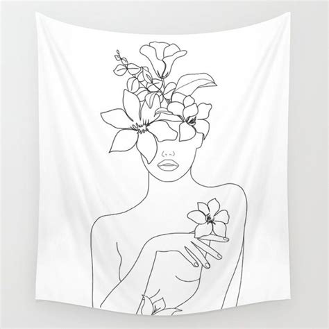 Mix and match your favorite art prints on a gallery wall showcasing everything that makes your style unique. MINIMAL LINE ART WOMAN WITH FLOWERS IV TAPESTRY in 2020 ...