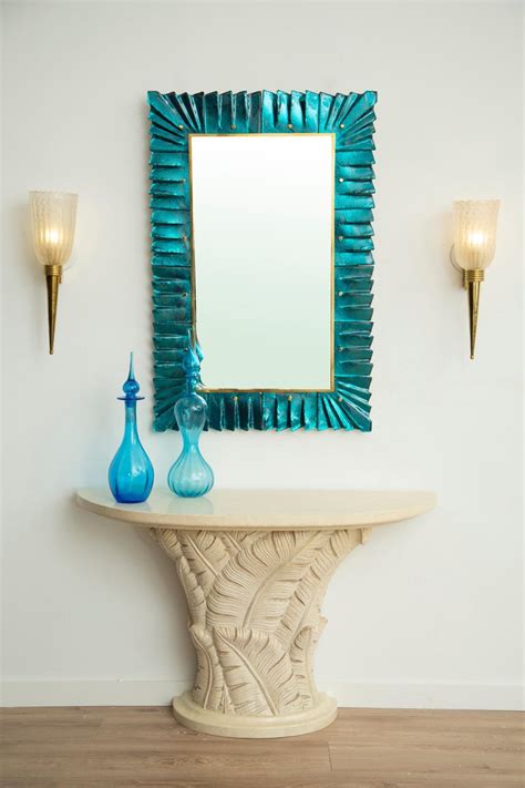 This mirror offers a warm, casual look while providing functionality. Murano Aquamarine Glass Framed Mirror, in Stock For Sale ...