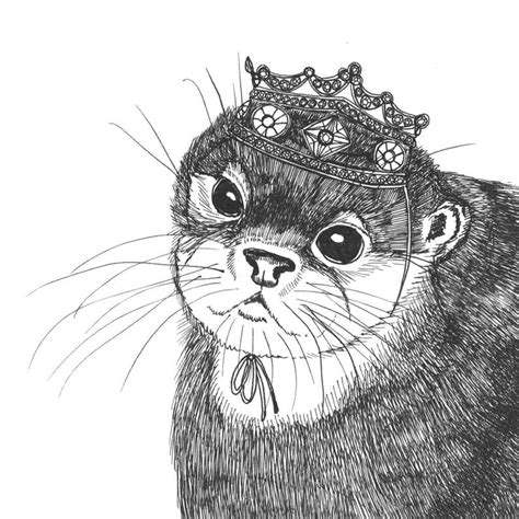 Untitled pencil drawing for a change of pace. Baby Otter in a Glittering Crown ORIGINAL ink drawing on ...