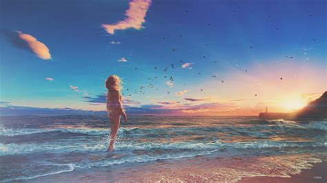 Sky, sunset, shore, sea, horizon, cloud, water, sunray, coast. Girl At Beach - Anime Art HD Wallpaper - backiee