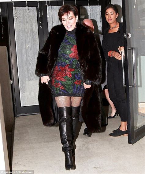 Satin red dress, leather boots, stockings and corset. Kris Jenner dons thigh-high boots and shimmery mini dress ...