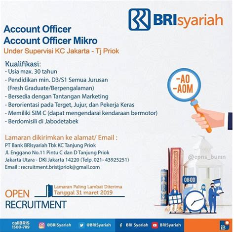 Pionir istilah loker identik dengan lowongan kerja, situs loker.id hadir sejak 2007 mempermudah cari pekerjaan dan perekrutan karyawan. Lowongan Kerja PT Bank BRI Syariah Tbk Minimal D3 S1 Semua Jurusan  Deadline 31 Maret 2019 ...