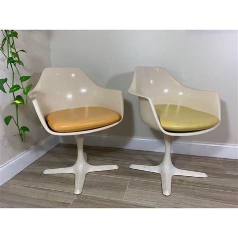 The bottom of each chair is marked burke, inc. 1970s Mid Century Modern Burke Inc. Tulip Arm Chairs -A ...