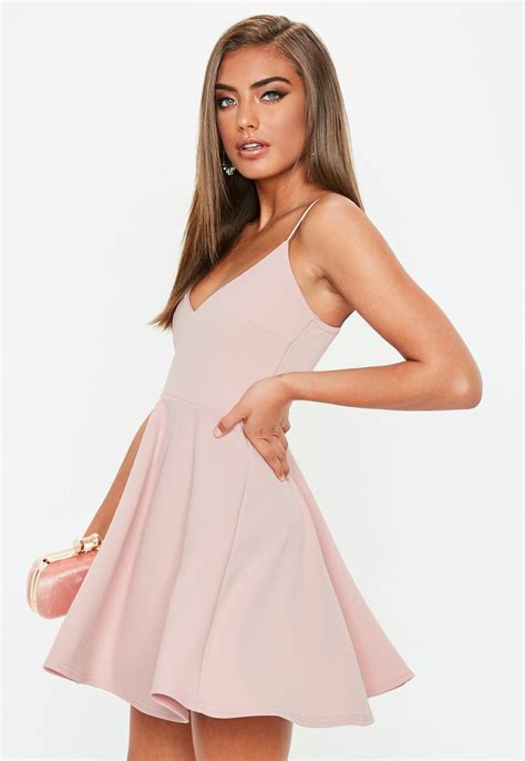 Petite Pink Strappy Scuba Skater Dress | Missguided