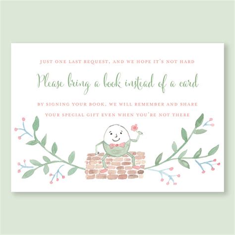 'bring a book instead of a card' wording for a baby shower baby shower invites often include new parent preferences, like baby room colors and themes, among other things. Nursery Rhyme Shower Book Request Card Book Instead of Card | Etsy | Nursery rhyme baby shower ...