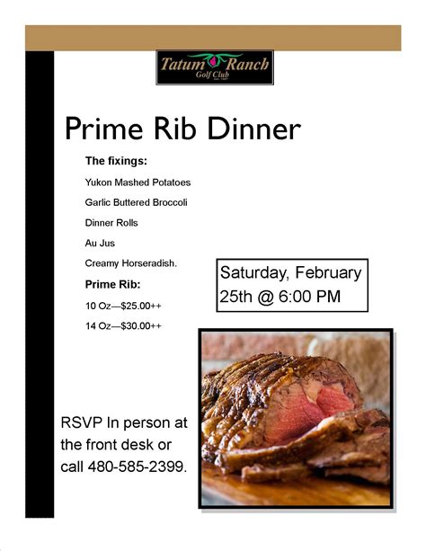 Standing tall on a serving platter ready to be carved, its dark, crisp exterior promises a tender, rosy interior full of intense beefy flavor. Prime Rib Dinner | Tatum Ranch Golf Club | 2017-02-25