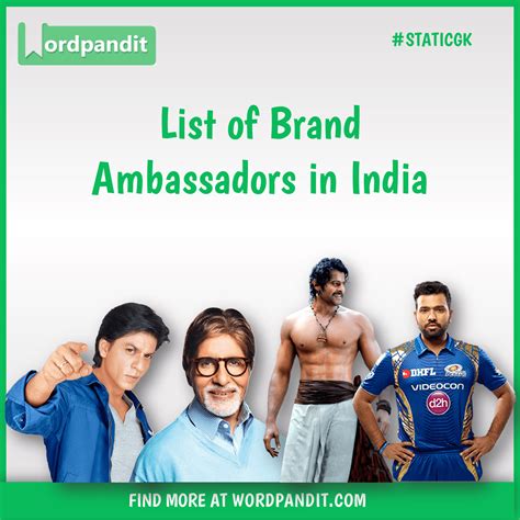 The brand ambassadors are meant to personify the corporate identity in appearance, demeanors, attitudes values and ethics. List of Brand Ambassadors in India https://wordpandit.com ...