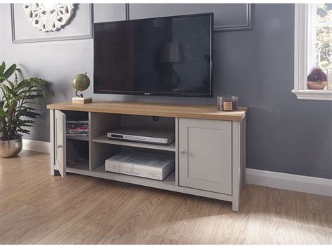 A total of four (4) doors give access to three cabinets, one large middle cabinet, and two smaller cabinets on each side. Grey with Oak Top Lancaster Large 2 Door Shelf Storage TV ...