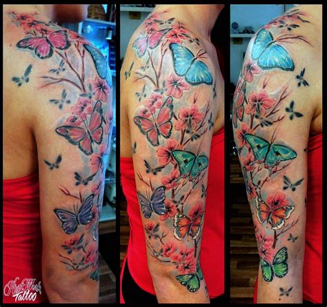 Cherry blossoms with decorative swirls and pretty butterflies. Butterflys and cherry blossom by CAMOSartTATTOO ...