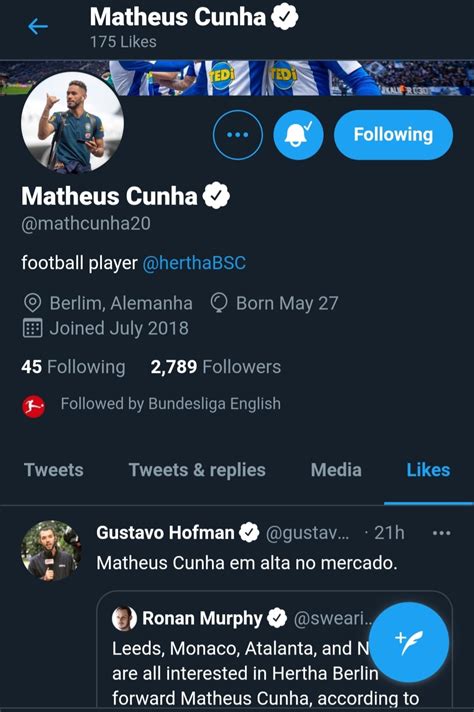 Jun 10, 2021 · it may have all the hallmarks of what we witnessed last summer with rodrigo de paul, but the social media activity of matheus cunha could well have a far happier ending for leeds united fans. Matheus Cunha likes social post claiming he is on the ...