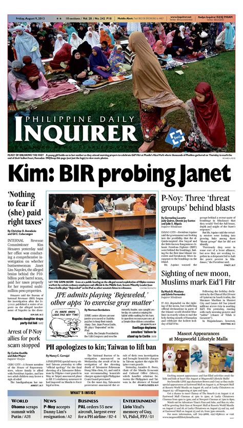 News articles discuss current or recent news of either general interest (e.g. Inquirer front page made it to world's Top 10 | Global News