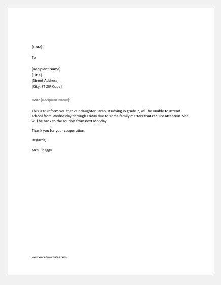 If there is a legal component to your absence do not write the letter i would like to share that i had to go to hospital as i had received an emergency phone stating that due to unforeseen and recently imposed financial obligations and restrictions, i have and will be. 10 Excuse Letters for being Absent in School for Various ...