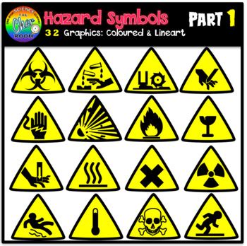 Hazard symbols or warning symbols are recognisable symbols designed to warn about hazardous or dangerous materials, locations, or objects, including electric currents, poisons, and radioactivity. Hazard Symbols Clipart (Part 1) by The Cher Room | TpT