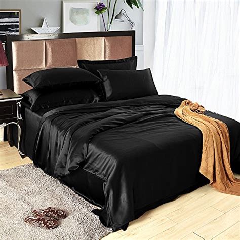 Pure silk bed sheet set & satin bedding sets make your bedroom more comfortable & glamorous. LILYSILK 4Pcs Black Silk Bedding Set Queen Flat Sheet ...