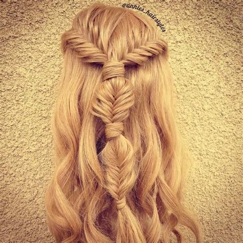 Two lace French fiahtails into a bubble fishtail braid ...