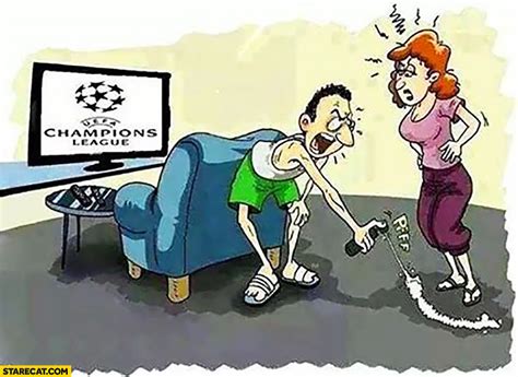 Mandem suas nudes, sigilo total. Man watching UEFA Champions League sprays line for his wife not to cross | StareCat.com