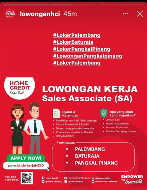 Info loker solo merupakan aplikasi lowongan kerja online terbaru yang memberikan beberapa informasi terkait dengan pekerjaan. info Loker Sales Associate(home credit) @Pangkalpinang